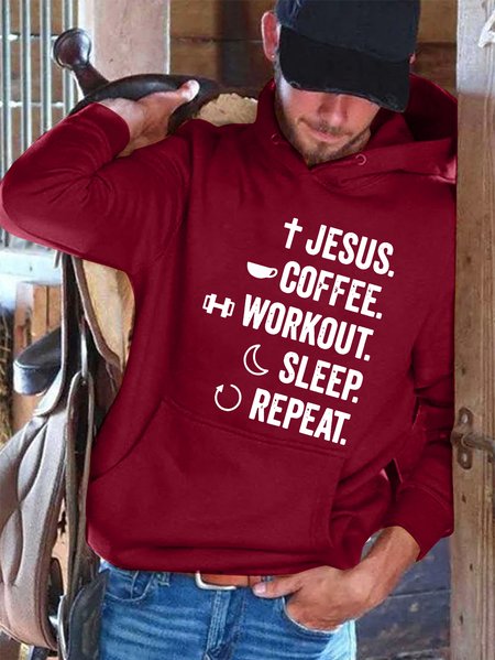 Jesus Coffee Workout Sleep Men's Long Sleeve Sweatshirts, Red, Hoodies&Sweatshirts