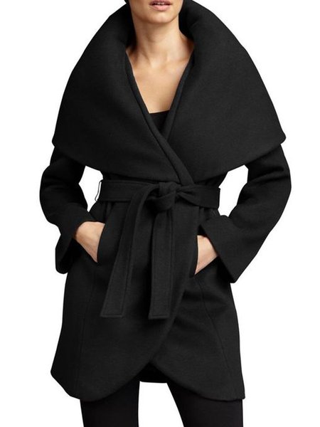 Long Sleeve Elegant Plain Wrap Outerwear, Black, Coats