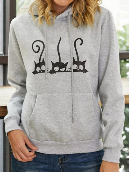 Casual Animal Printed Long Sleeve Hooded, Gray, Sweatshirts & Hoodies