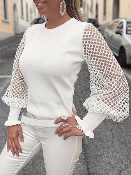 Vintage Casual Simple Elegant Puff Sleeve Sweater, White, Tops