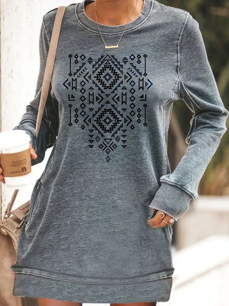 Ethnic style pattern printing casual basic personality dress, Gray, Mini Dresses