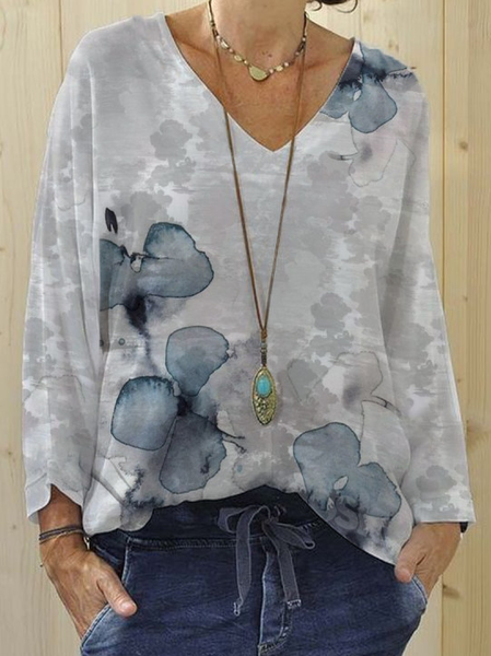 Fashion Floral Print V-neck Blouse Women, As picture, Auto-clearance