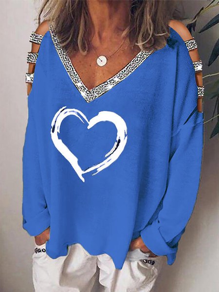 Hollow Out Sexy Shirts V Neck Long Sleeves Shirts & Tops, Blue, Tops
