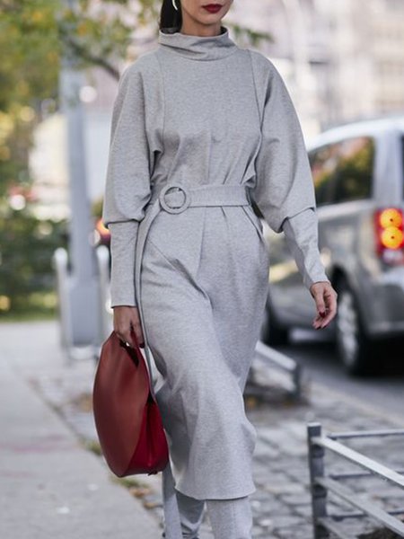 Holiday Solid Casual Long Sleeve Dress, Gray, Midi Dresses