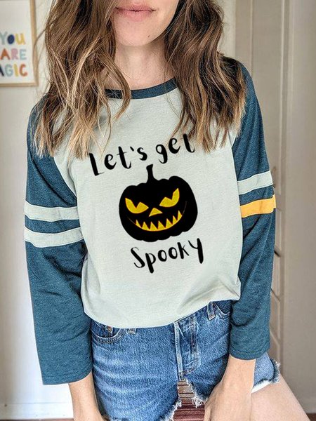 Halloween Pumpkins Casual Cotton Blends Shirts & Tops, Blue, Long sleeve tops