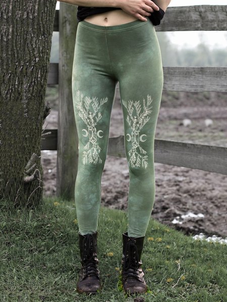 Casual Plus Size Printed Pants, Green, Leggings