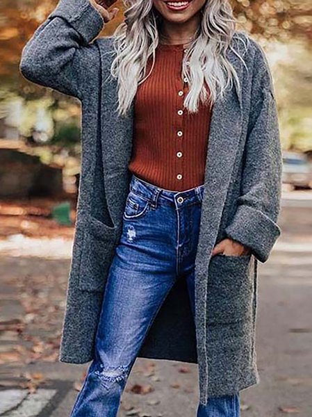 Holiday Daily Solid Color Loose Mid-length Cardigan, Gray, Outerwear