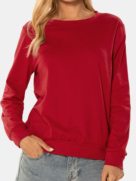 Unocis Plain Round Neck Long-sleeved Polyester Cotton Sweatshirt, Red, Hoodies