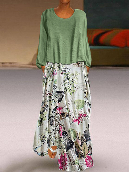 Cotton Floral Dresses, Green, Maxi Dresses