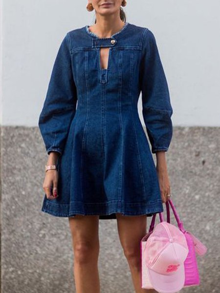 Long Sleeve Casual Mini Dress, Dark blue, Mini Dresses