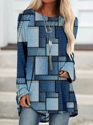 Imitation Denim Long sleeve Dresses, Purplish blue, Hoodies&Sweatshirts