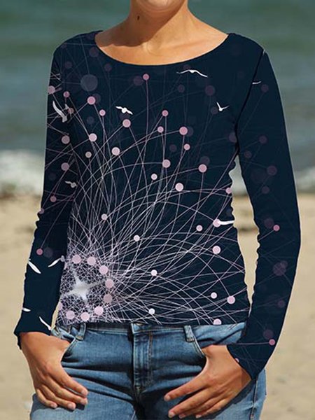 Personalized basic casual printing long-sleeved T-shirt, Blue, T-Shirts