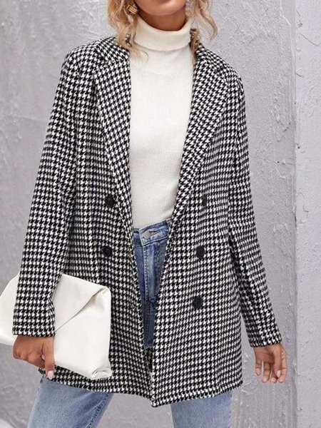 Houndstooth Work Elegant Long sleeve Outerwear, Black-white, Blazers