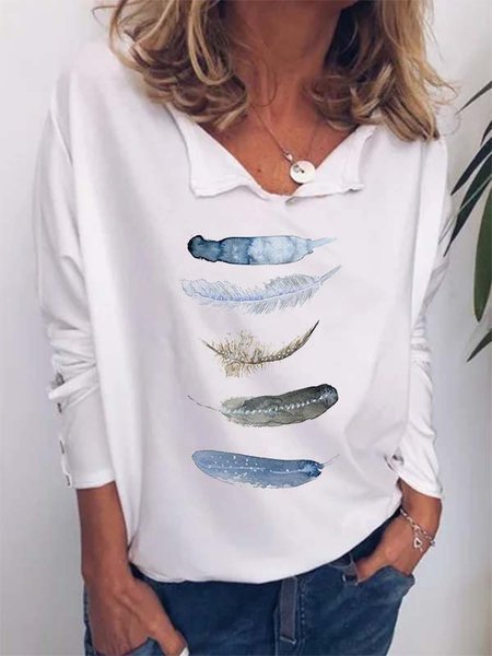 Long Sleeve V-neck Feather Printed West Styles/Cows Shirts & Tops, As picture, T-Shirts