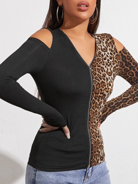 V Neck Casual Leopard Regular Fit Top, Black, Tops