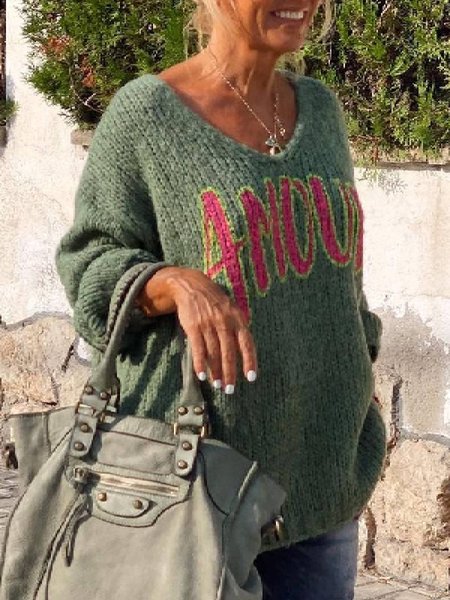 Loosen Letter Acrylic Sweater, Green, Knitwear & Sweaters