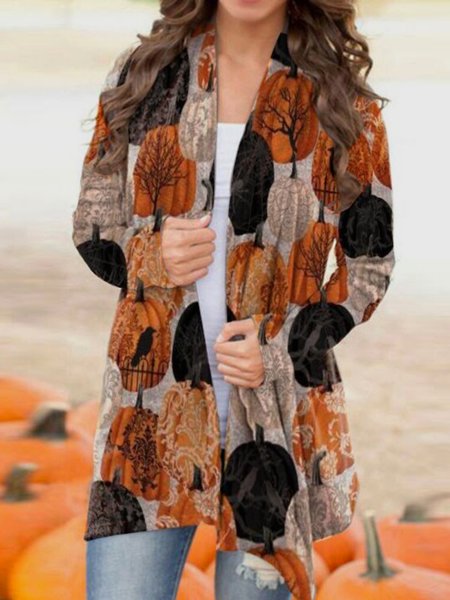 Casual Long Sleeve Plus Size Printed Cardigan, Orange, Outerwear