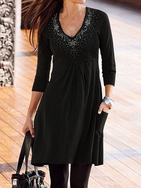 V-Neck long sleeve Rhinestone glittering elastic dress, Black, Mini Dresses