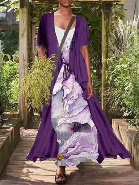Floral Printed Slip Dresses With Cardigan, Violet, Midi Dresses