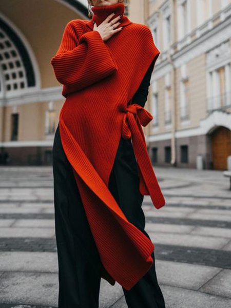 Casual One Shoulder Plain Loosen Sweater, Rust, Pullovers