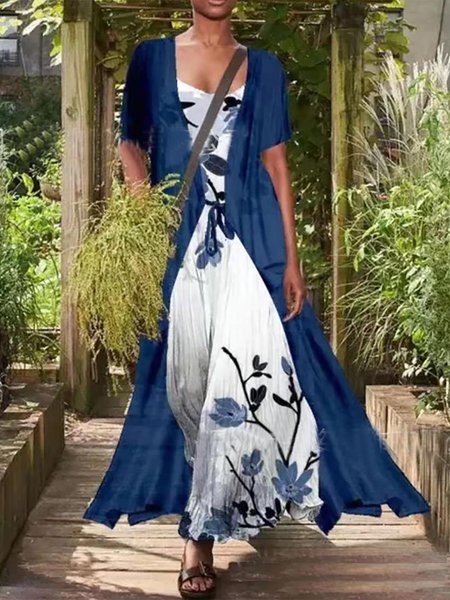 Floral Printed Slip Dresses With Cardigan, Blue, Midi Dresses