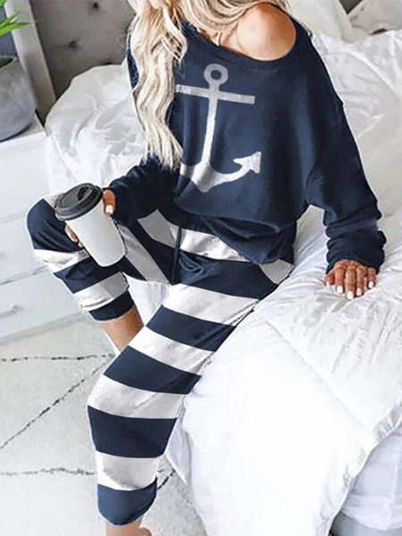 Casual Long Sleeve Crew Neck Two Piece Sets, Blue, Two-piece Outfits