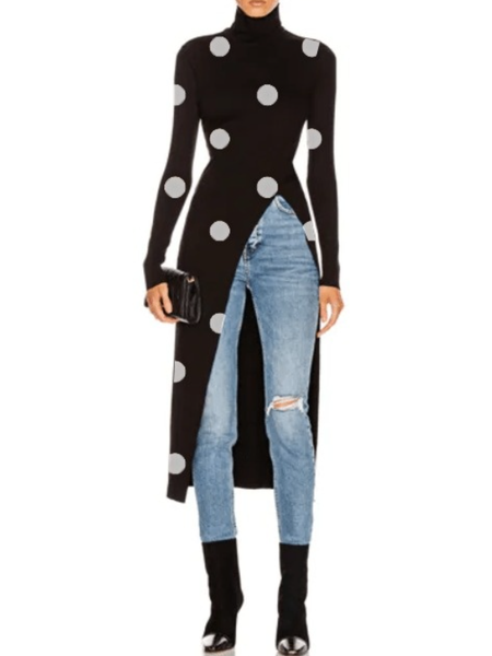 Fall Elegant Simple High Stretch Mid-weight Polka Dots Top, Black, Blouses and Shirts