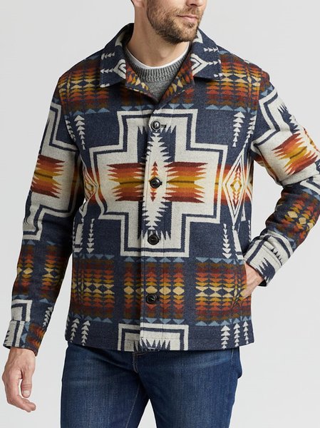Native Pattern Lapel Long Sleeve Jacket, Blue, Jackets & Coats