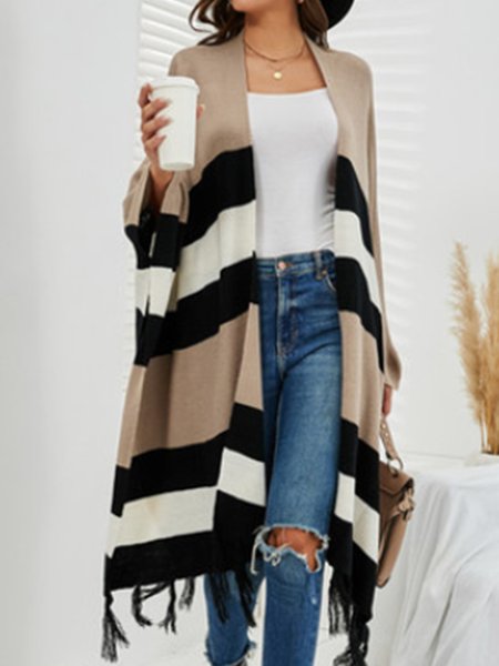 Striped Long Sleeve Collarless Outerwear, Black, Cardigans