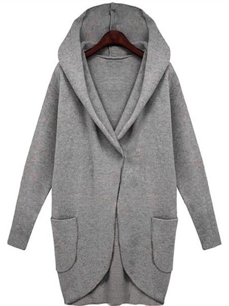 Hooded Casual Solid Loosen Outerwear, Deep gray, Outerwear