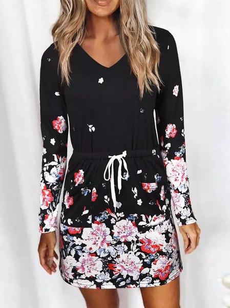 Floral Print Drawstring Wasit Long Sleeve V-neck Mini Knitting Dress, Black, Floral Dresses
Floral Print Drawstring Wasit Long Sleeve V-neck Mini Knitting Dress, Black, Floral Dresses