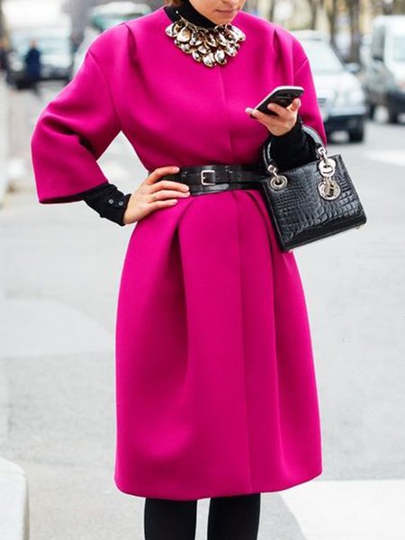 Elegant Solid Crew Neck Outerwear, Rose red, Coats