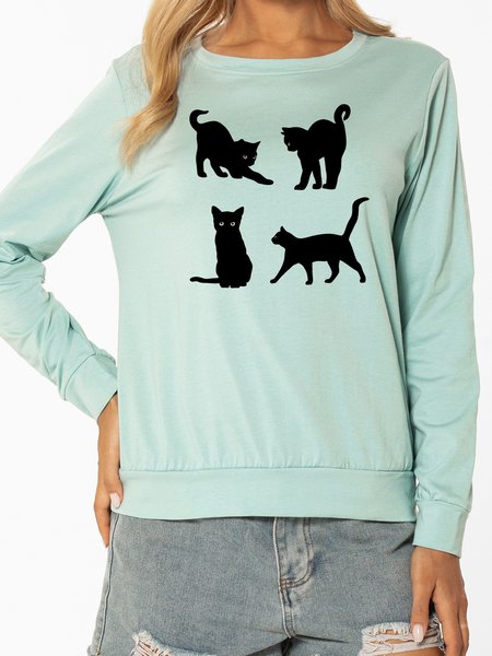 Unocis Cat Print Round Neck Long Sleeve Graphic Sweatshirt, Green, Hoodies