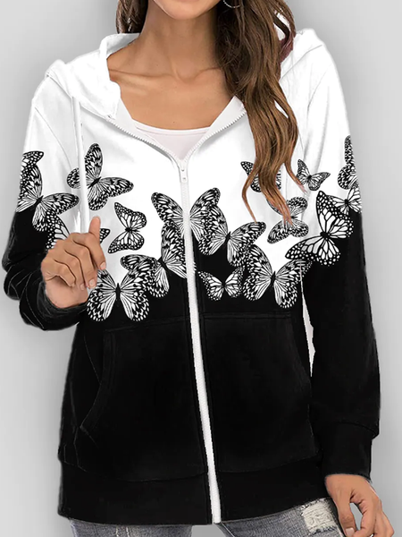 Long sleeve round neck hooded black and white stitched butterfly printed knitted sweater coat, Black-white, Jackets
Long sleeve round neck hooded black and white stitched butterfly printed knitted sweater coat, Black-white, Jackets