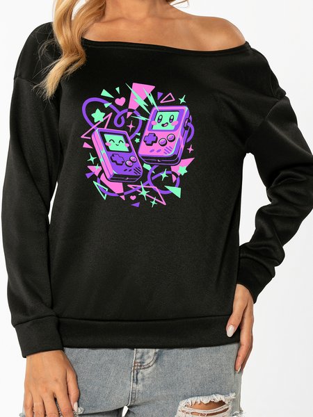 Unocis Fun Pattern Off Shoulder Sweatshirt, Black, Sweatshirts