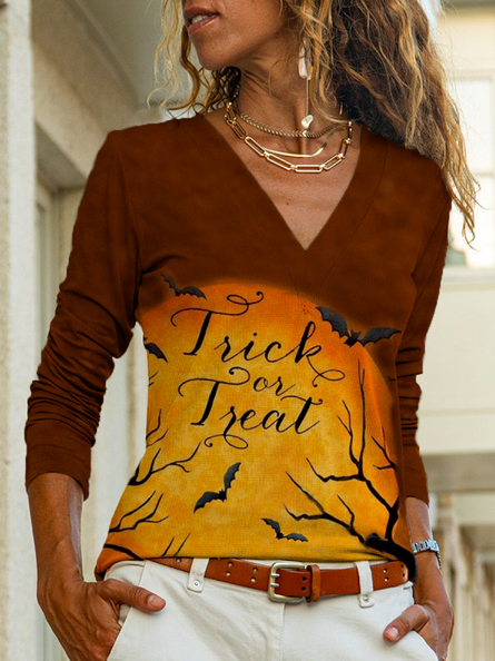 Casual Trick And Treat Letter Color Block V-neck Top Women, Brown, Long sleeve tops
Casual Trick And Treat Letter Color Block V-neck Top Women, Brown, Long sleeve tops