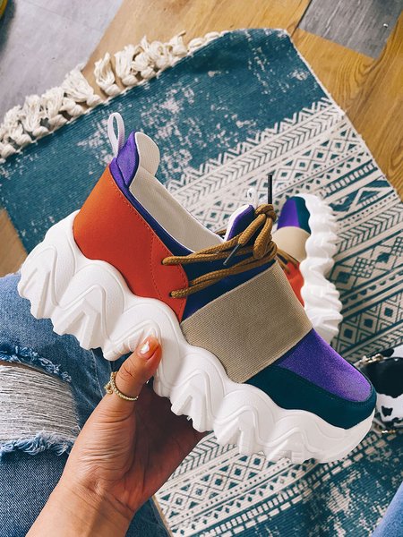 Casual Stitching Elastic Lace-up Sneakers, Purple, Sneakers