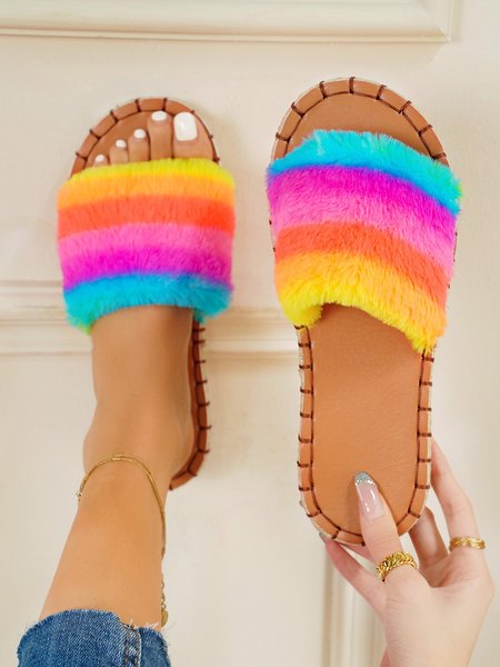 Simple Faux Wool Woven Slippers, Multicolor, Slippers