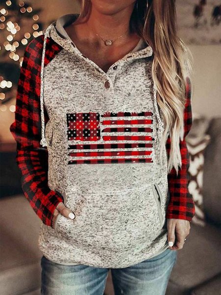 Flag Raglan Sleeve Casual Hooded Sweatshirt, Gray, Hoodies & Sweatshirts