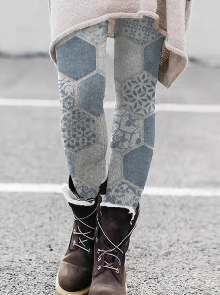 Casual Floral Cotton Blends Pants, Gray, Leggings