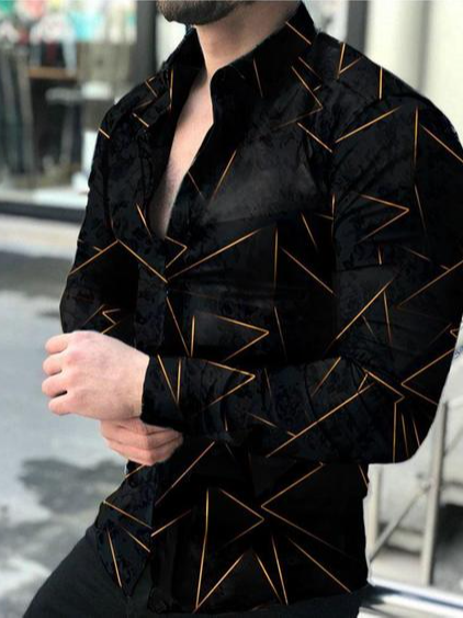 Long Sleeve Shirt Collar Geometric Shirts & Tops, Black, Men's shirts