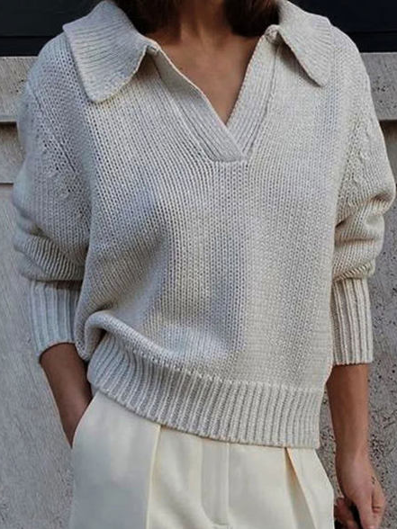 Pure Color Fashion Lapel Long Sleeve Casual Pullover, Gray, Sweaters & Cardigans