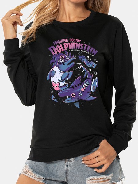 Unocis Dolphin Print Crew Neck Sweatshirt, Black, Sweatshirts