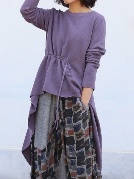 Long Sleeve Crew Neck Casual Plain Top, Purple, Tops