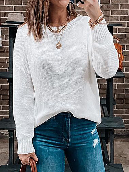 Plus size Plain Crew Neck Loosen Sweater, White, Knitwear & Sweaters
