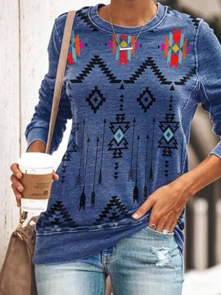 Casual Long Sleeve Crew Neck Printed Top, Blue, Hoodies & Sweatshirts