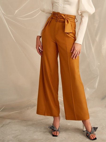 Solid Elegant Long Regular fit Pants, Mustard, Wide Leg Pants