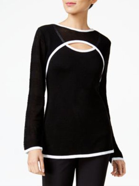 Regular Long sleeve Simple Vintage Top, Black-white, Tops
