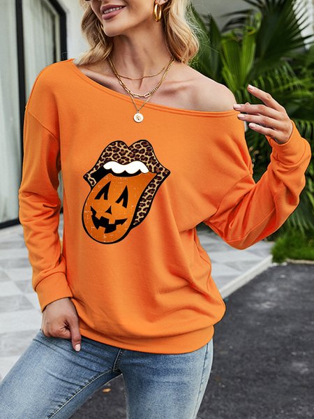 Halloween Fun Leopard Print Lip Pattern Ladies Pullover, Orange, Hoodies&Sweatshirts