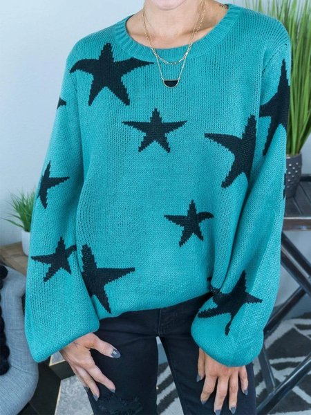 Star Round Neck Casual Sweater, Blue, Knitwear & Sweaters